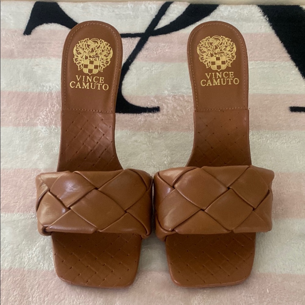 Vince Camuto Tan Woven Heeled Mules - Picture 2 of 5